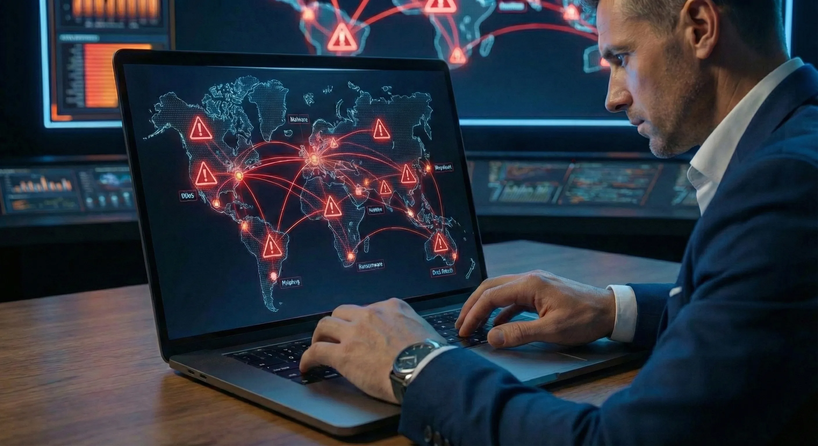 Global threat map with marker pins on a laptop display